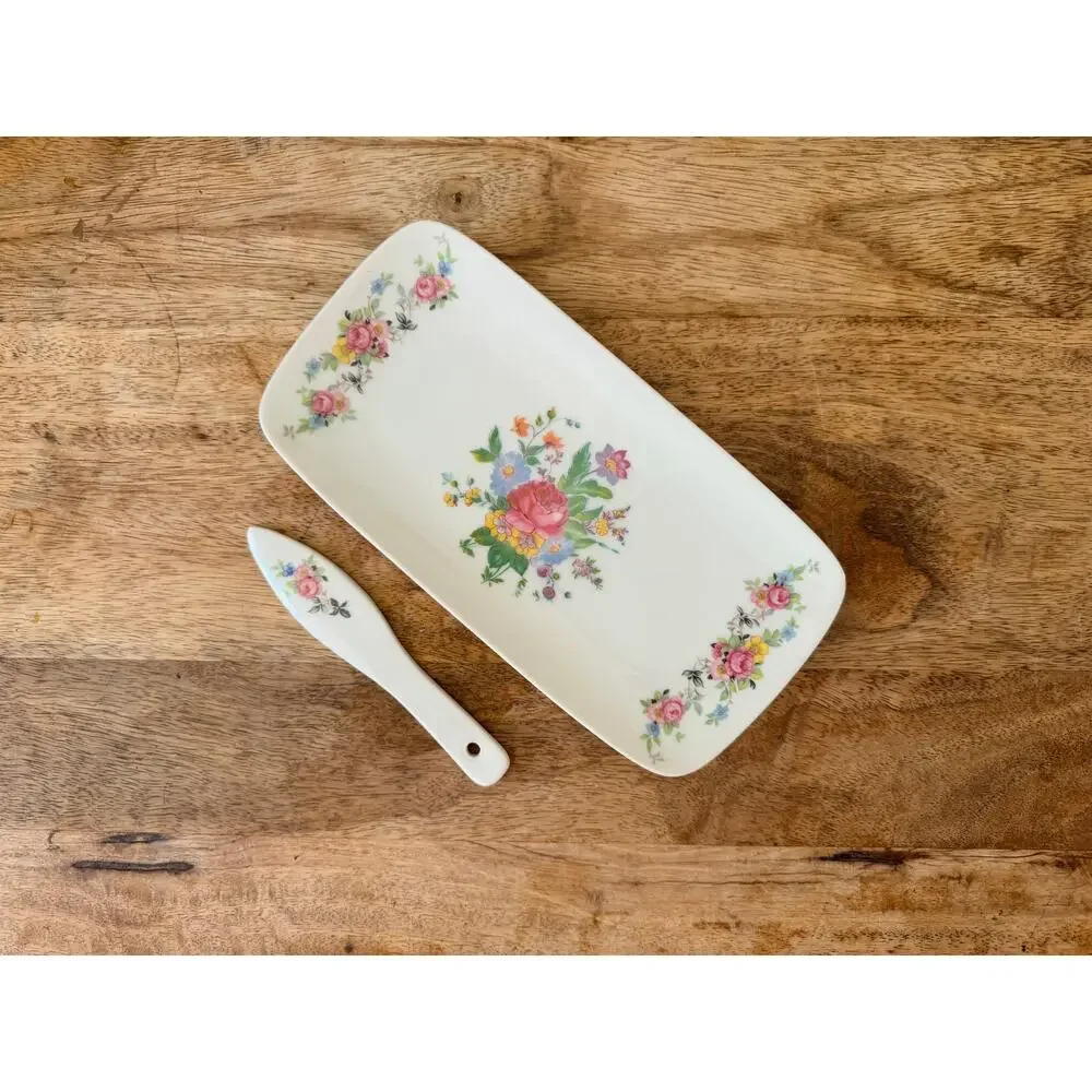 Vintage Floral Cheese Board Set Porcelain Tray with Server Pink Rose Cottage